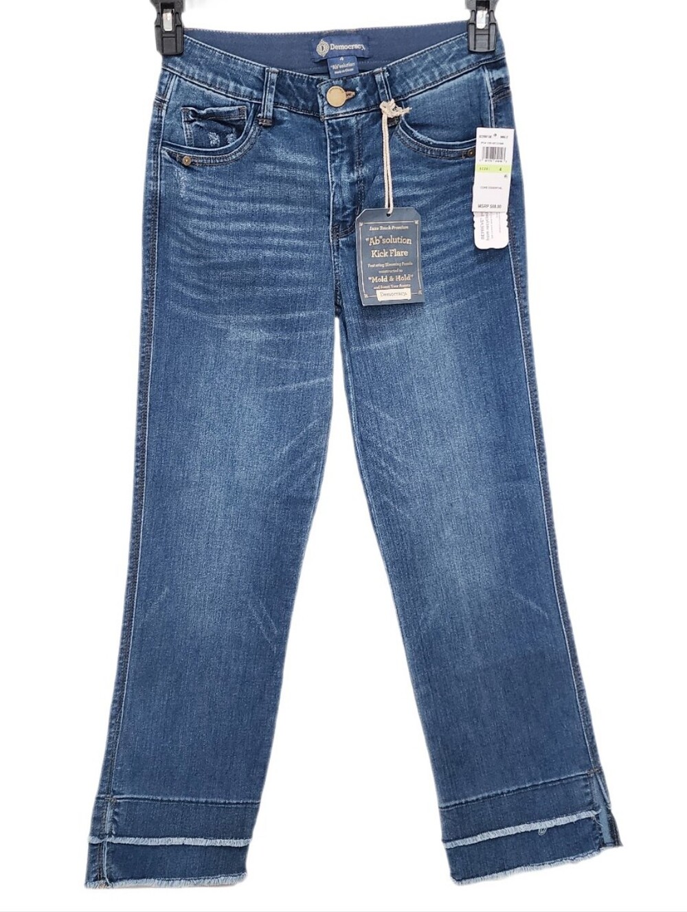 Democracy Kick Flare Jeans Double Layer Fray Hem Mid-Rise Ab Solution Mid Blue 4